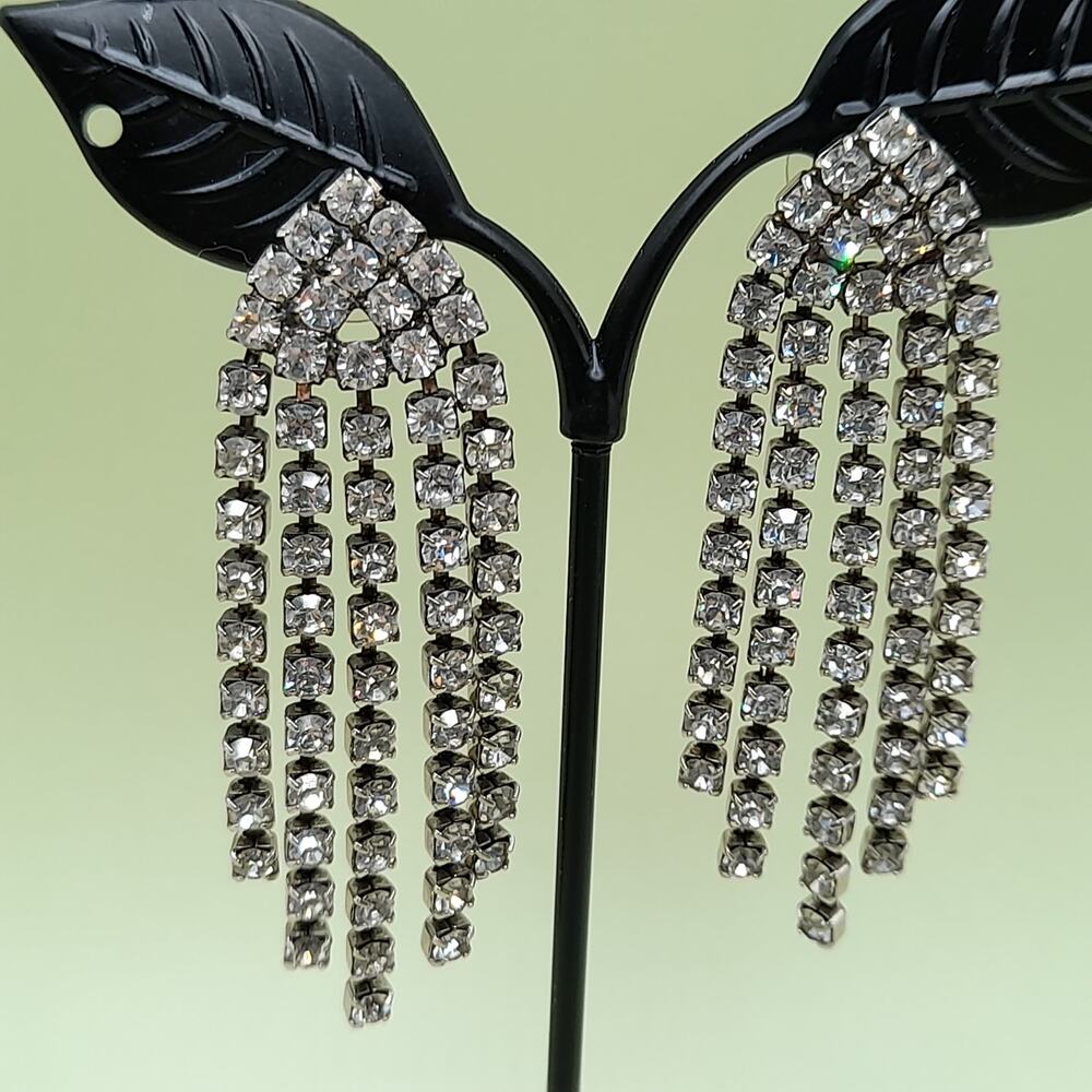 Vintage Clear Rhinestone Fringe Post Earrings, 1980s, 2 1/2 Inches